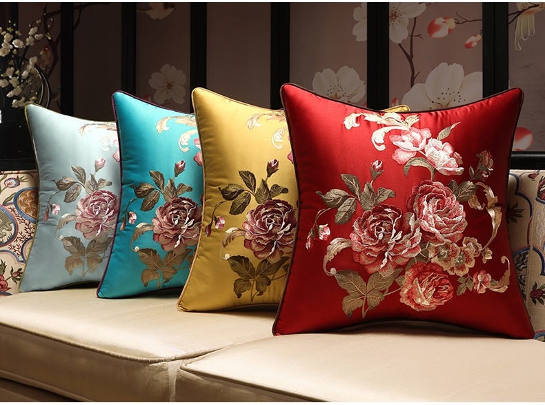 Oriental Floral  Embroidered  Satin Cushion Covers | Peony - Oriental Me