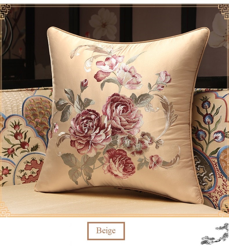 Oriental Floral  Embroidered  Satin Cushion Covers | Peony - Oriental Me