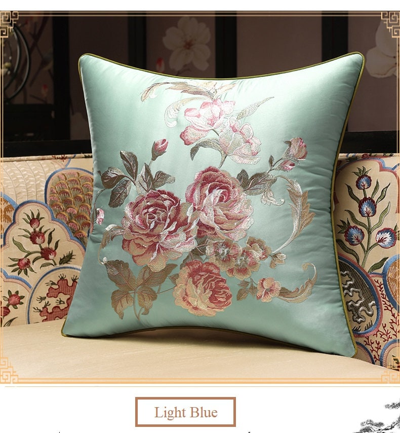 Oriental Floral  Embroidered  Satin Cushion Covers | Peony - Oriental Me