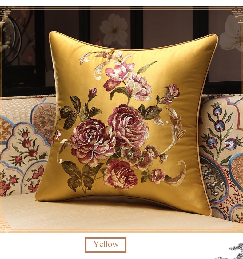 Oriental Floral  Embroidered  Satin Cushion Covers | Peony - Oriental Me