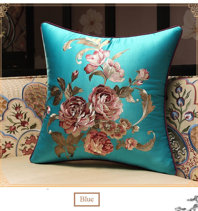 Oriental Floral  Embroidered  Satin Cushion Covers | Peony - Oriental Me