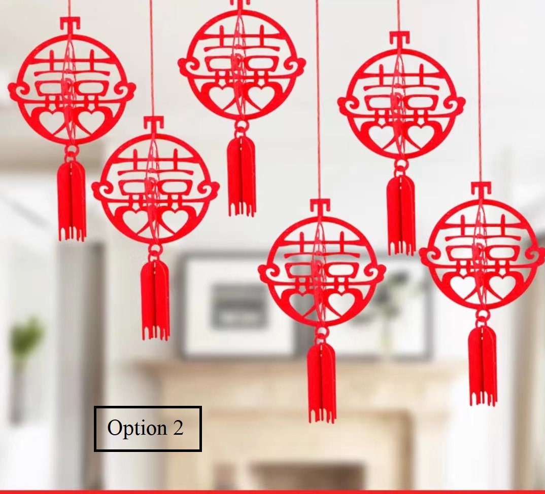 3D Double Happiness Felt Lanterns (6pcs) - Oriental Me