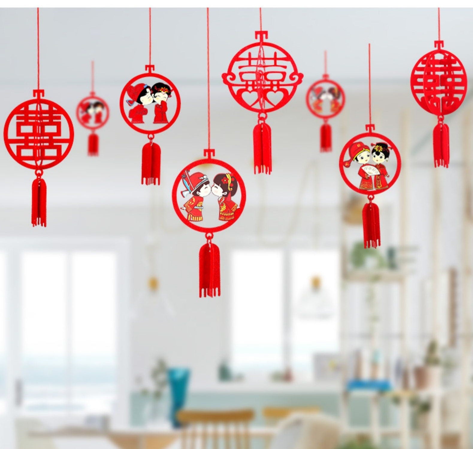 3D Double Happiness Felt Lanterns (6pcs) - Oriental Me