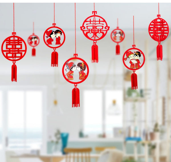 3D Double Happiness Felt Lanterns (6pcs) - Oriental Me
