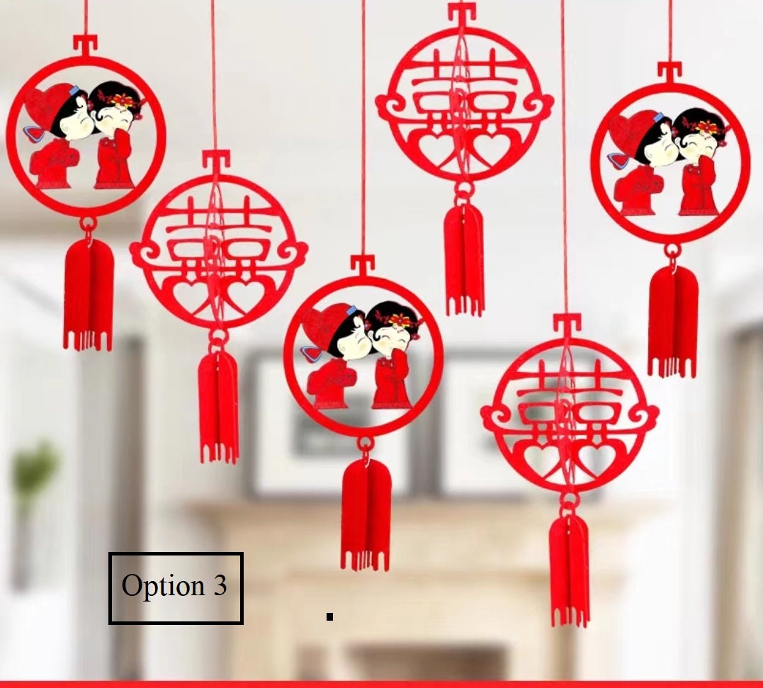 3D Double Happiness Felt Lanterns (6pcs) - Oriental Me