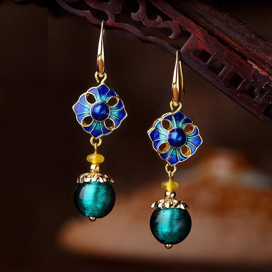 Blue Beads  Yellow Agate with Cloisonne Drop Earrings