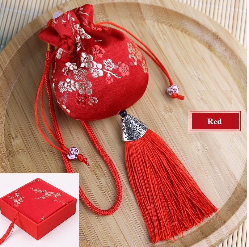 Oriental Floral Embroidered Pouch Sachet Bag with Tassel | Plum Blossoms - Oriental Me