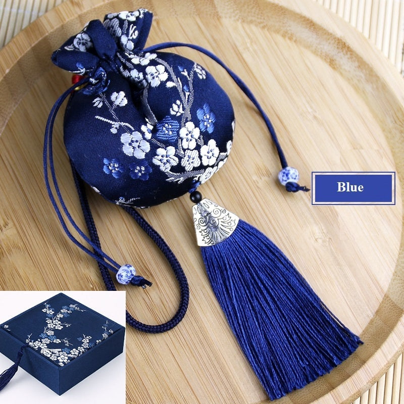 Oriental Floral Embroidered Pouch Sachet Bag with Tassel | Plum Blossoms - Oriental Me