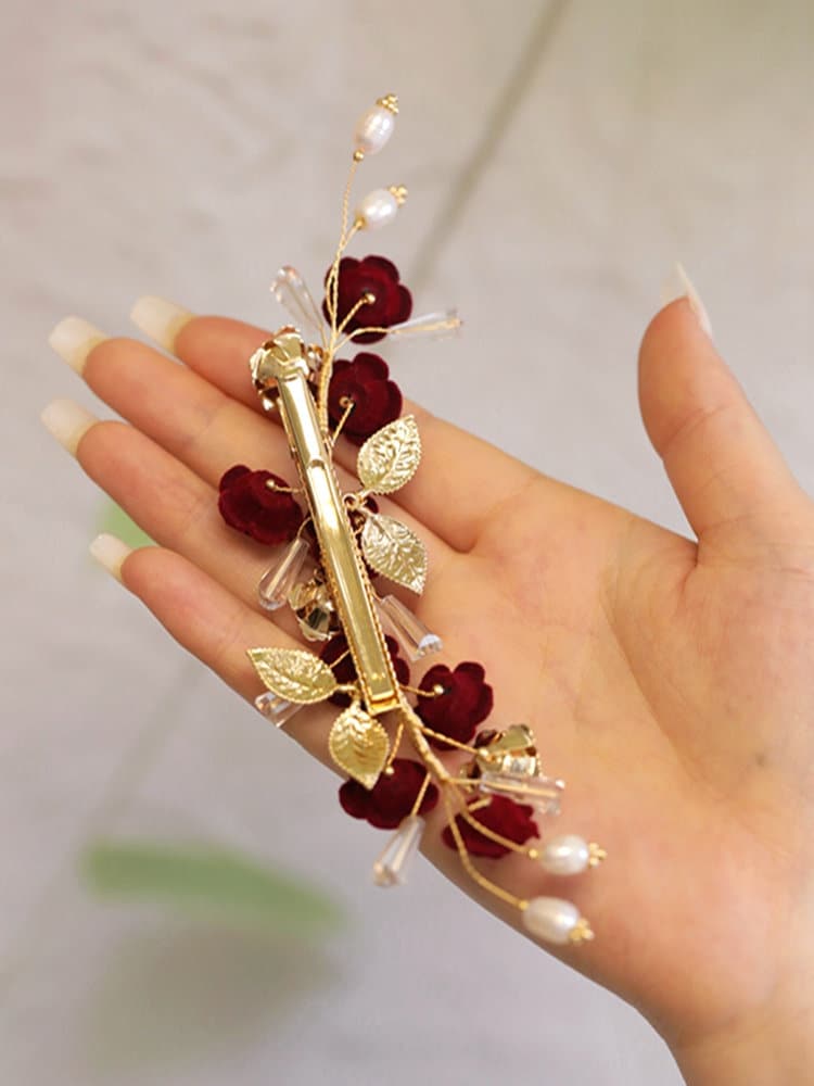Gold&Red  Rose Pearl  Hair Clip