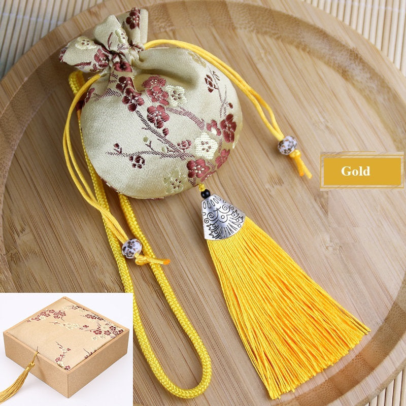 Oriental Floral Embroidered Pouch Sachet Bag with Tassel | Plum Blossoms - Oriental Me