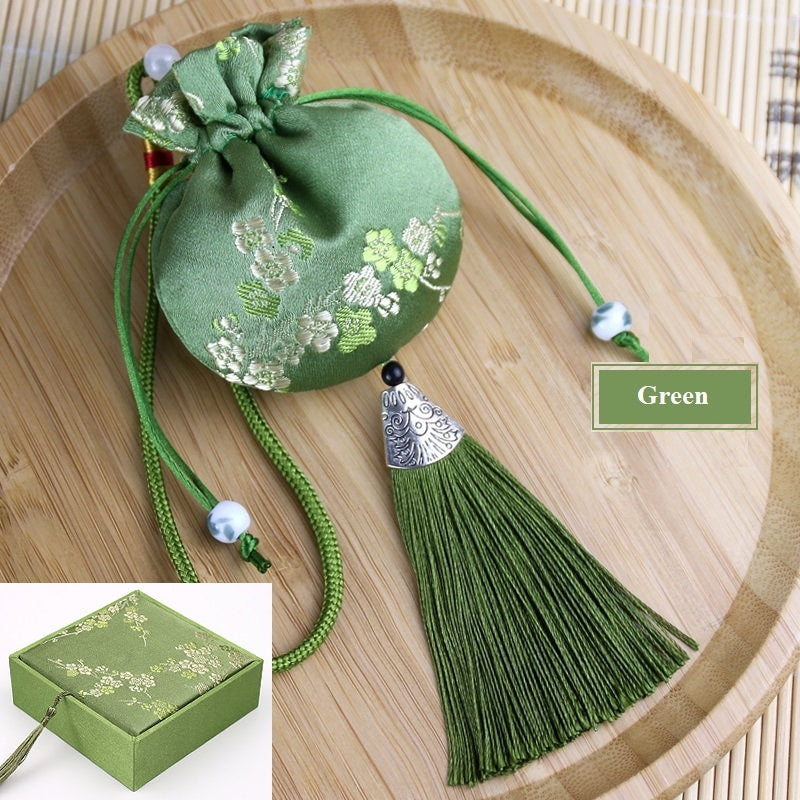 Oriental Floral Embroidered Pouch Sachet Bag with Tassel | Plum Blossoms - Oriental Me