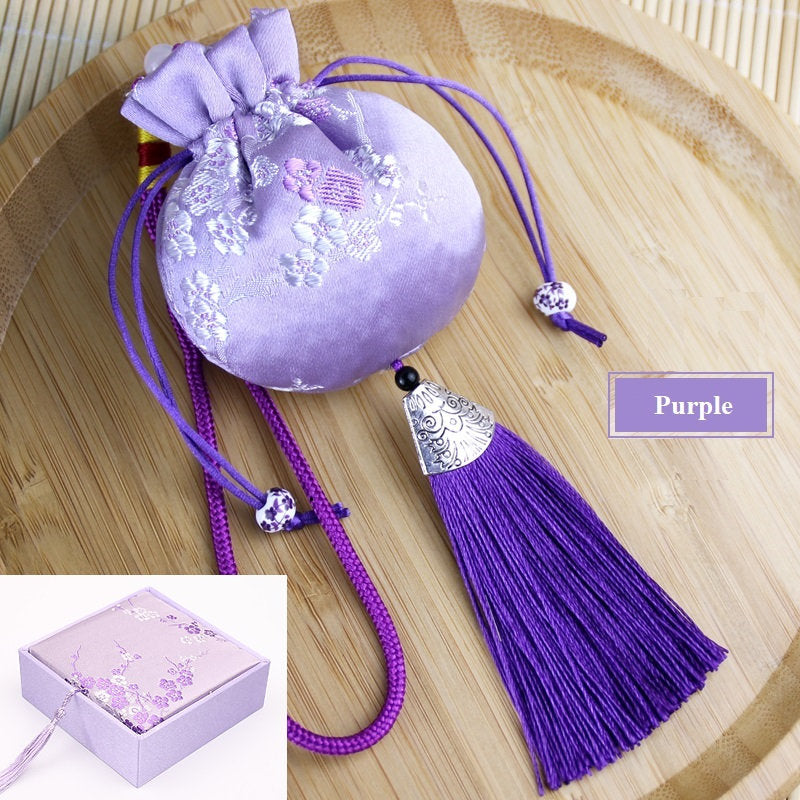 Oriental Floral Embroidered Pouch Sachet Bag with Tassel | Plum Blossoms - Oriental Me