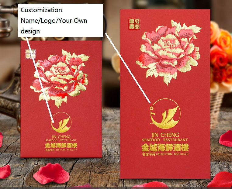 Custom Made Name/Logo Red Peony Flower Red Envelopes (50pcs) - Oriental Me