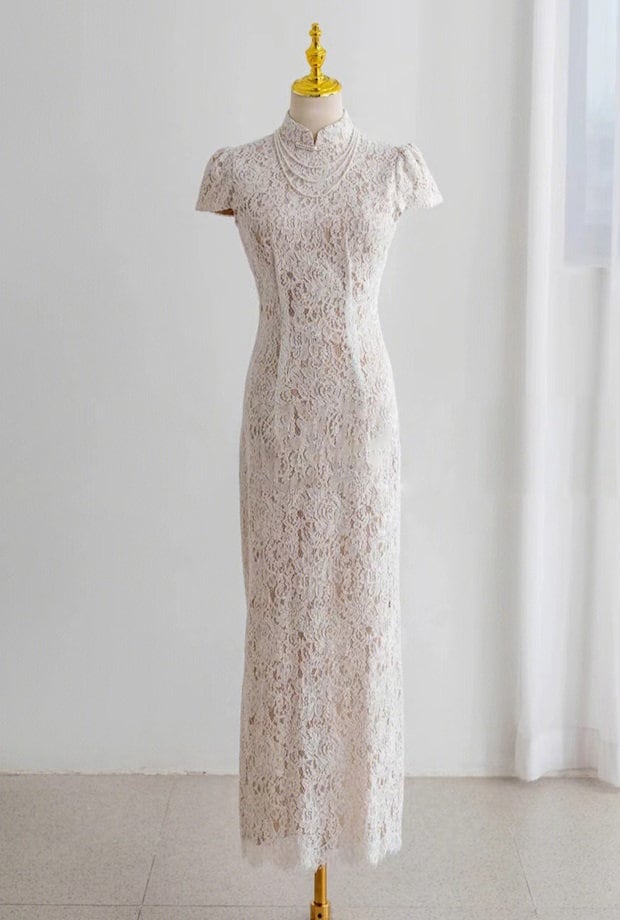 off white open back lace cheongsam qipao details