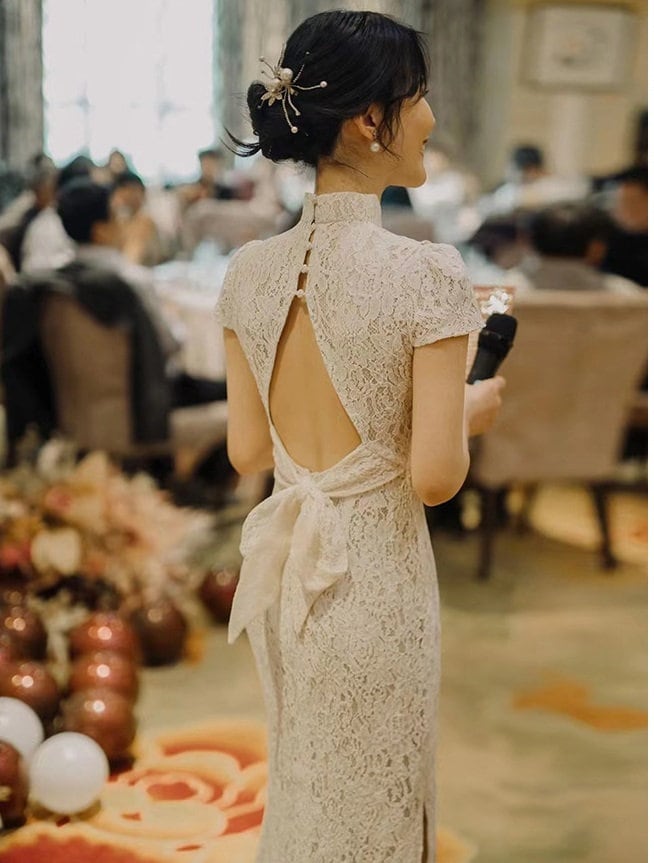 Off White Lace Open Back Cheongsam Qipao Dress, L Off White Lace Open Back Cheongsam Qipao Dress, L