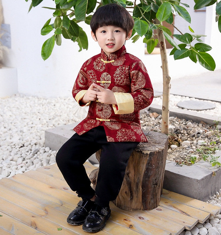 Traditional Asian Chinese Winter Quilted Tang Jacket Suit+ Pants  Set for Kids Boys |Chinese Wedding/ Lunar New Year - Oriental Me