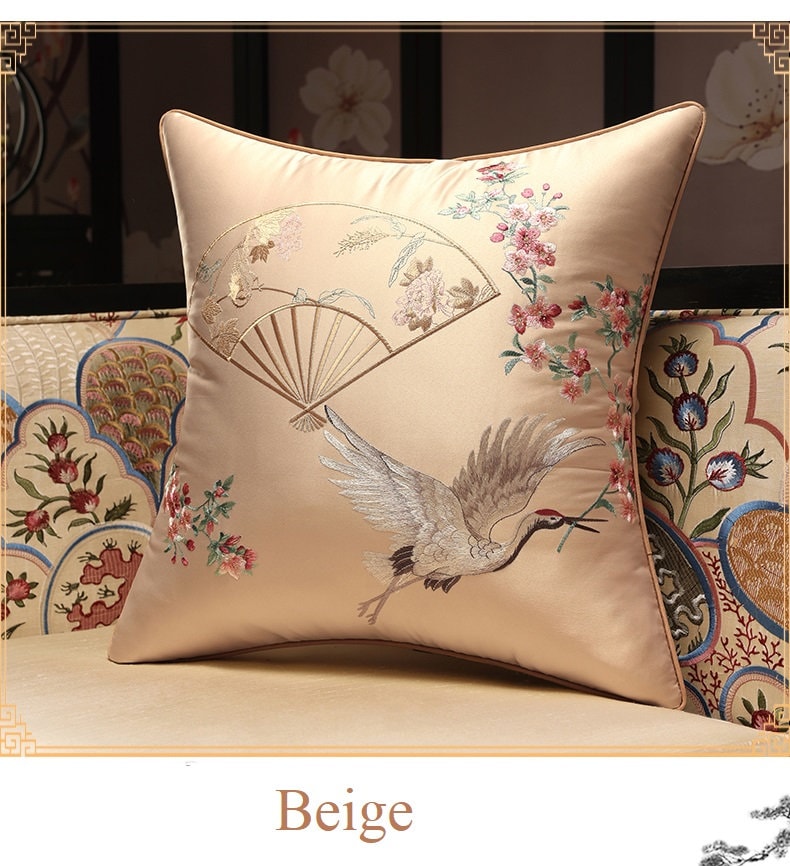 Oriental Embroidered  Satin Cushion Covers| Crane Bird