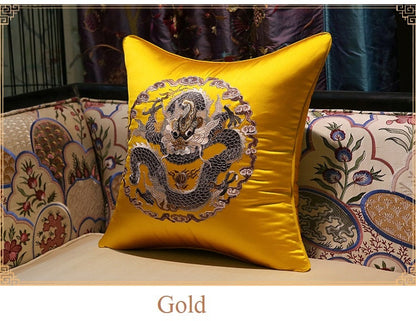 Golden Dragon embroidery satin cushion covers