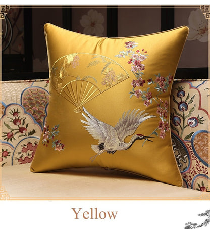 Oriental Embroidered  Satin Cushion Covers| Crane Bird