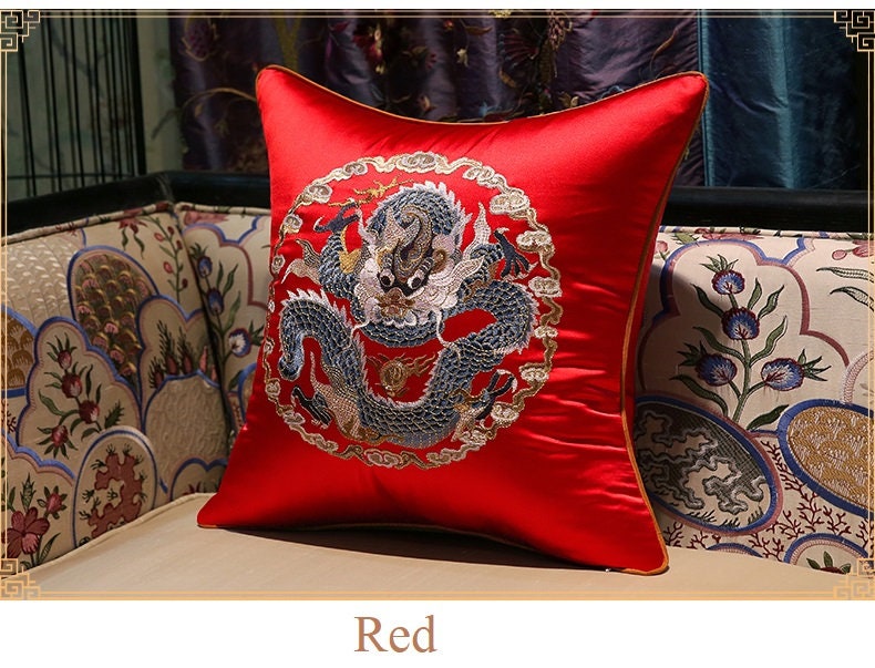 red Dragon embroidery satin cushion covers