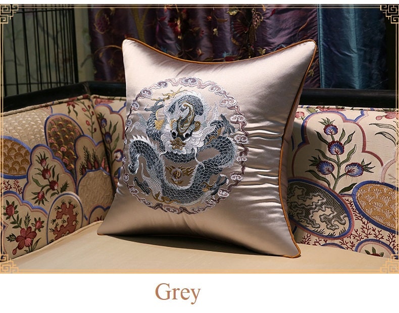 Grey Dragon embroidery satin cushion covers