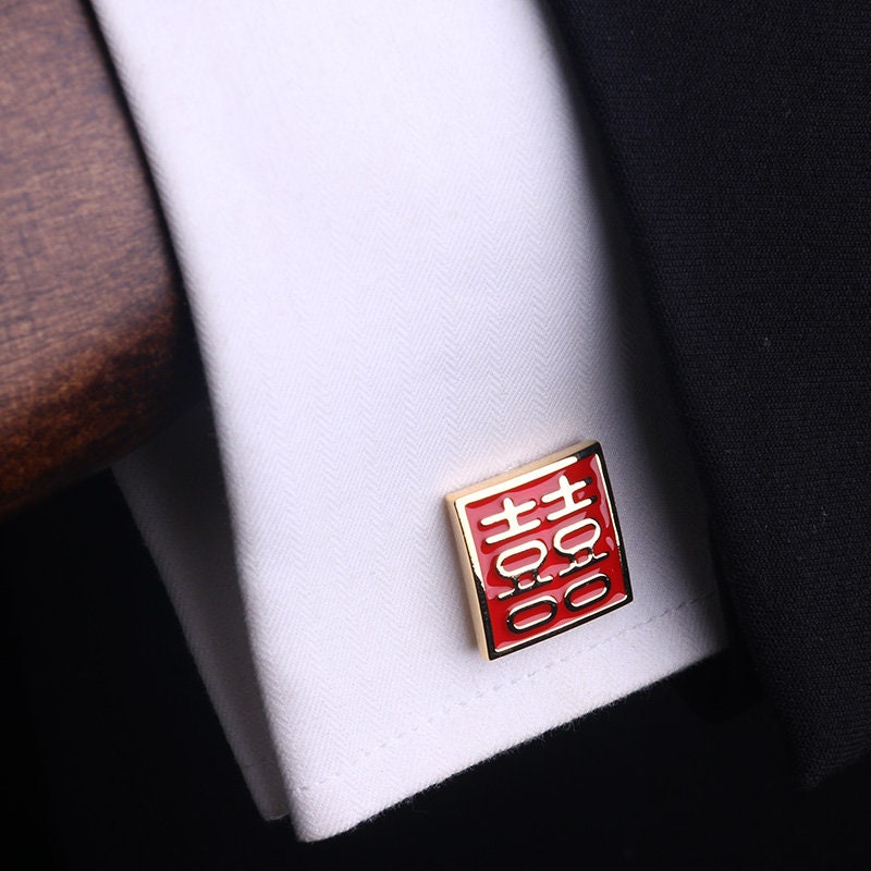Square Shape  Double happiness Cufflinks & Tie Clip