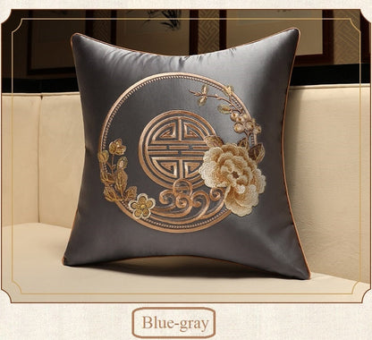 grey Floral Embroidered Satin Cushion Covers with peony and chinses luck symbol