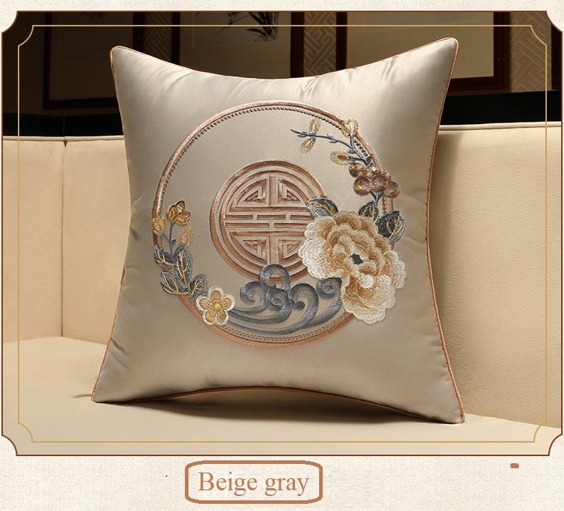 beige Floral Embroidered Satin Cushion Covers with peony and chinses luck symbol
