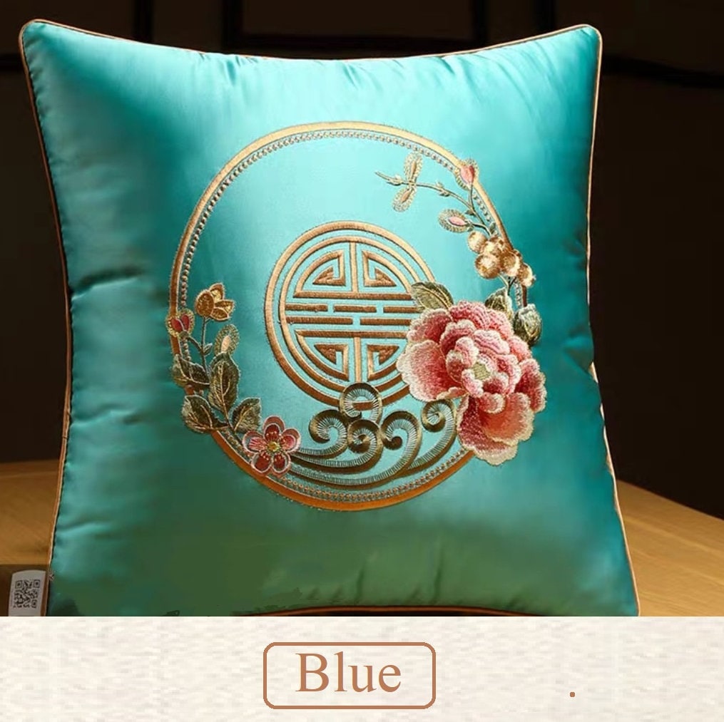 Blue Floral Embroidered Satin Cushion Covers with peony and chinses luck symbol