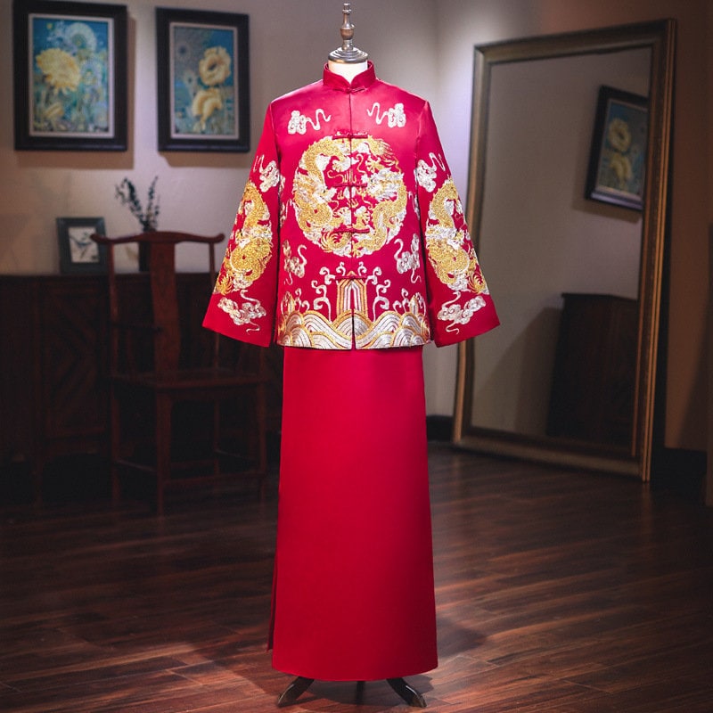 Red Chinese Wedding Bridal Qun kwa| Peacock