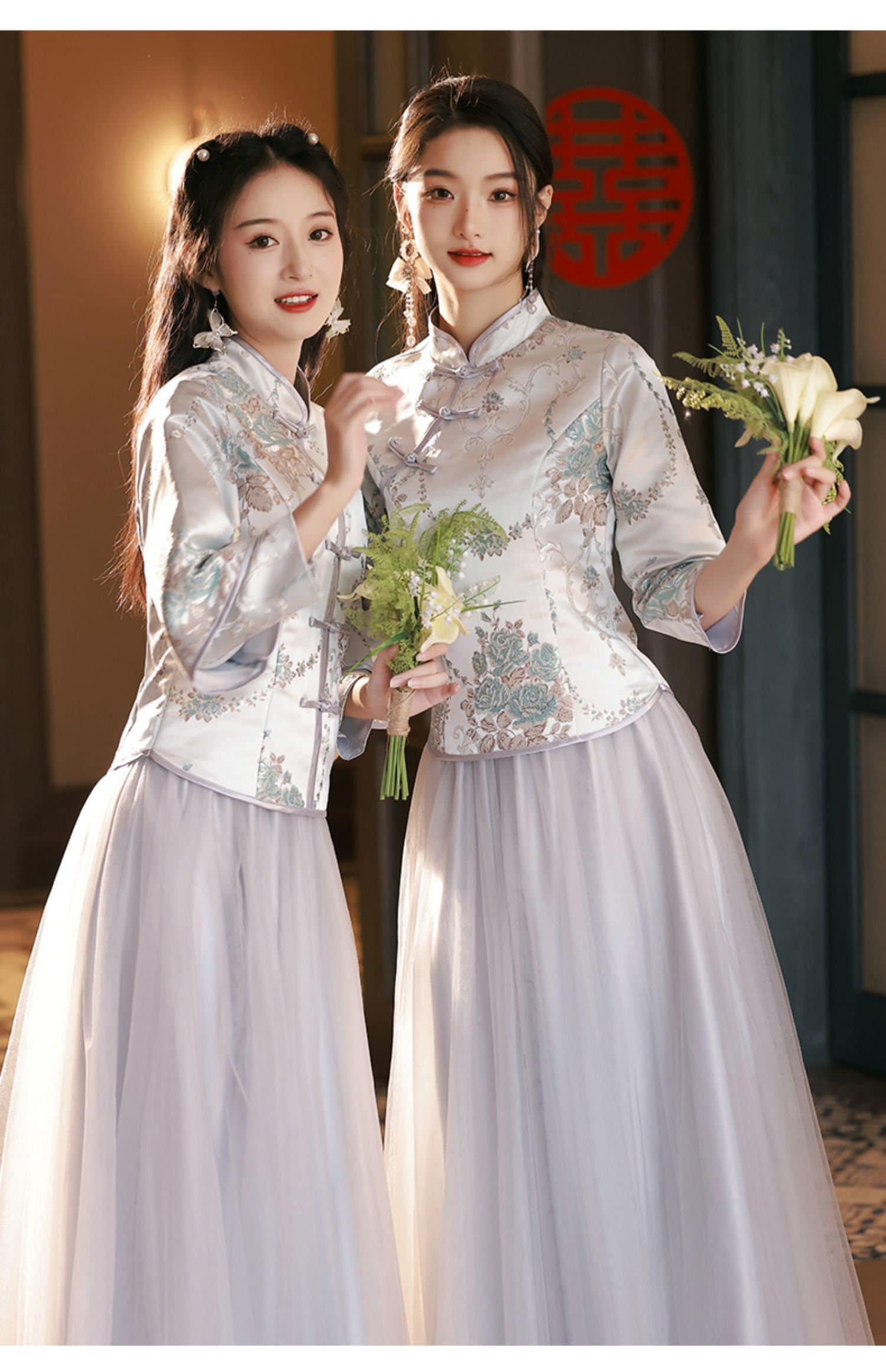 Blue Grey Bridesmaid 2-pieces Qipao Cheongsam Dress Oriental Me Blue Grey Bridesmaid 2-pieces Qipao Cheongsam Dress Oriental Me