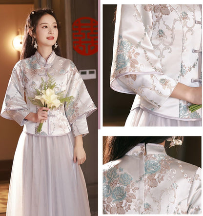 Bridesmaid Qipao/Cheongsam  Dress| Grey Blue Plum Blossom