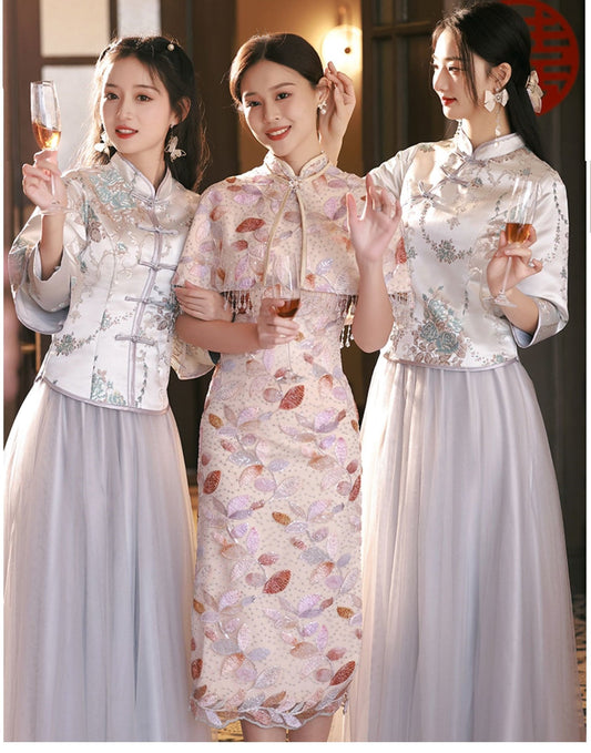 Bridesmaid Qipao/Cheongsam  Dress| Grey Blue Plum Blossom