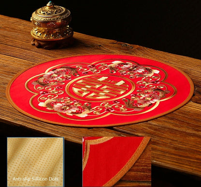 Asian Chinese Wedding Tea Ceremony Red Embroidered Satin Double Happiness  Cushion Cover Table Runner Kneeling Pad