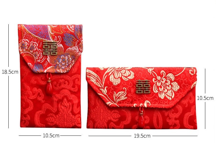 Flower Pattern Brocade Fabric Double Happiness Red Envelope with Tassel