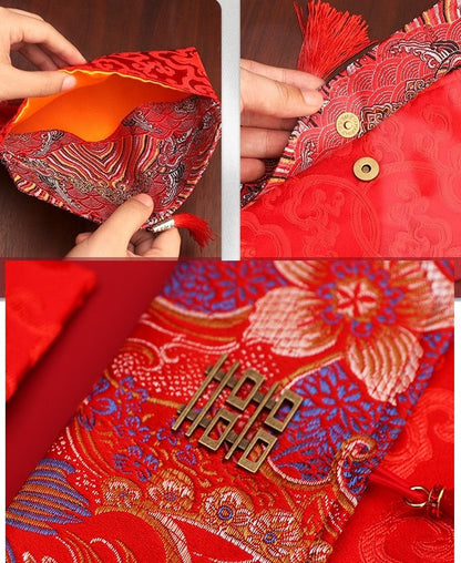 Flower Pattern Brocade Fabric Double Happiness Red Envelope with Tassel