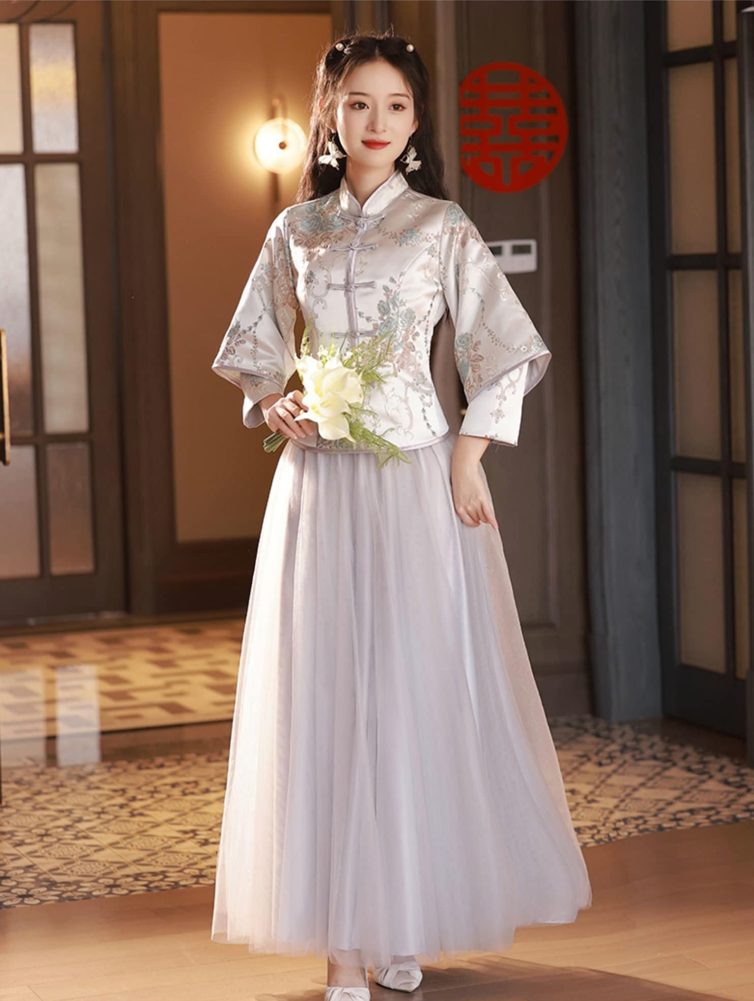Blue Grey Bridesmaid 2-pieces Qipao Cheongsam Dress – Oriental Me