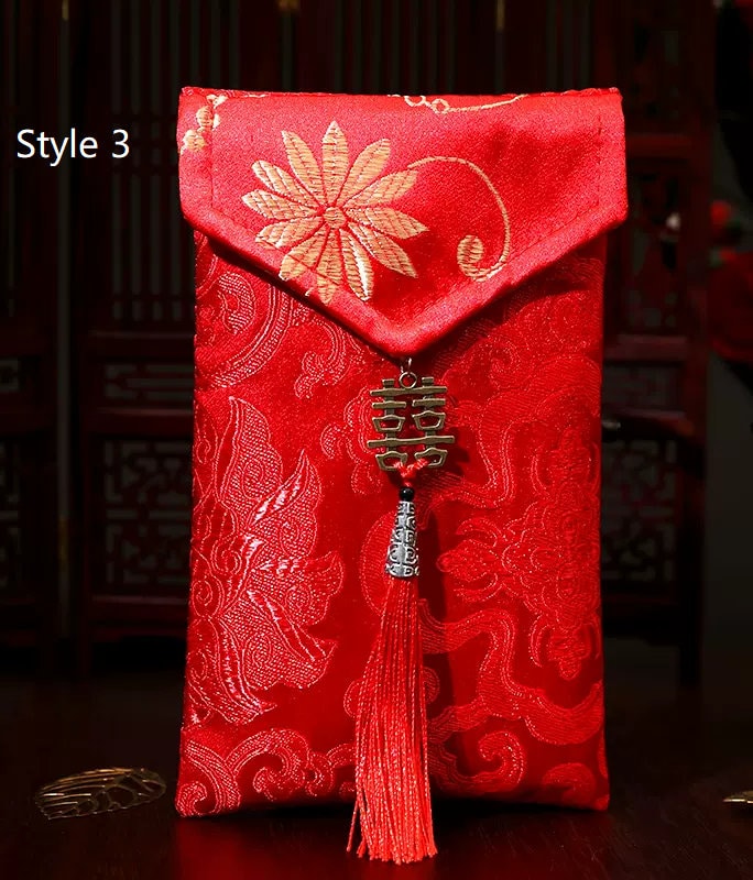 Flower Pattern Brocade Fabric Double Happiness Red Envelope with Tassel
