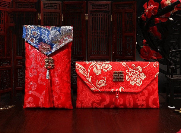 Flower Pattern Brocade Fabric Double Happiness Red Envelope with Tassel - Oriental Me
