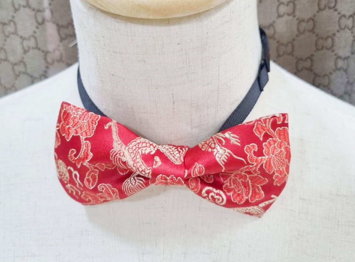Red  Brocade Dragon Bow Tie - Oriental Me