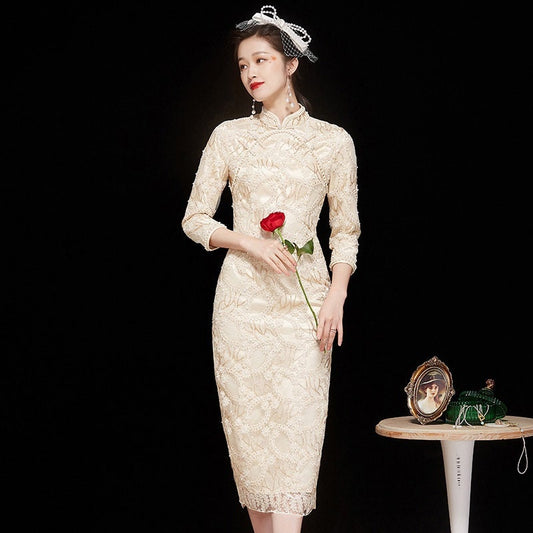 White Lace Long Sleeve Cheongsam/Qipao Dress|  Pearly Midi
