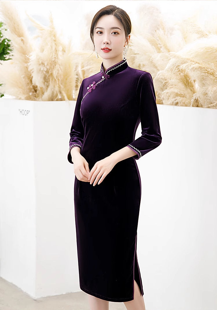 Long Sleeves Velvet Cheongsam Qipao Dress, Purple / 4XL Long Sleeves Velvet Cheongsam Qipao Dress, Purple / 4XL