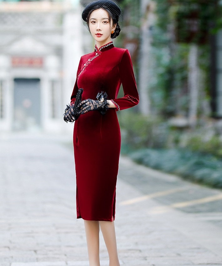 Long Sleeves Velvet Cheongsam Qipao Dress, Purple / 4XL Long Sleeves Velvet Cheongsam Qipao Dress, Purple / 4XL