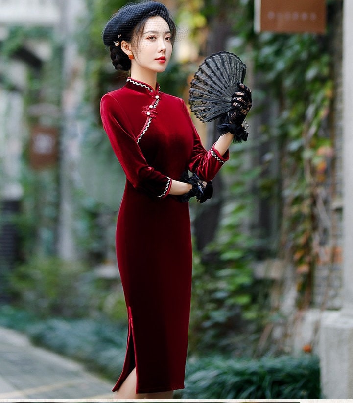 long sleeve qipao dress 3/4 sleeve long dress QipaoMood