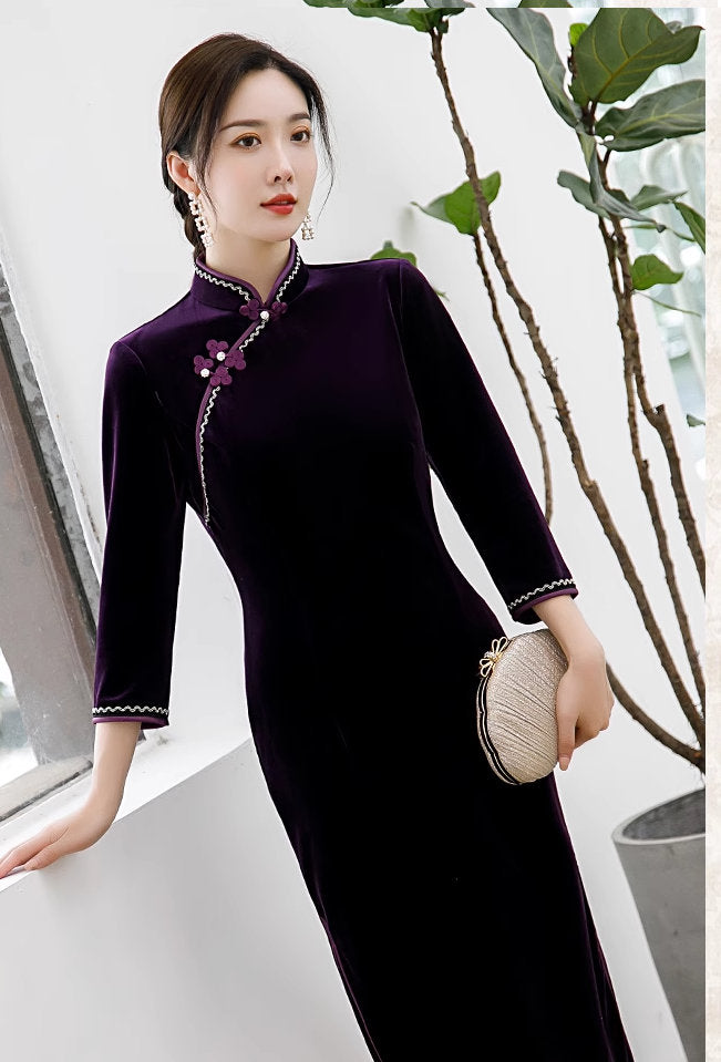 asian long dresses with sleeves Kokuko - Traditional Chinese Long-Sleeve Embroidered A-Line Maxi Dress