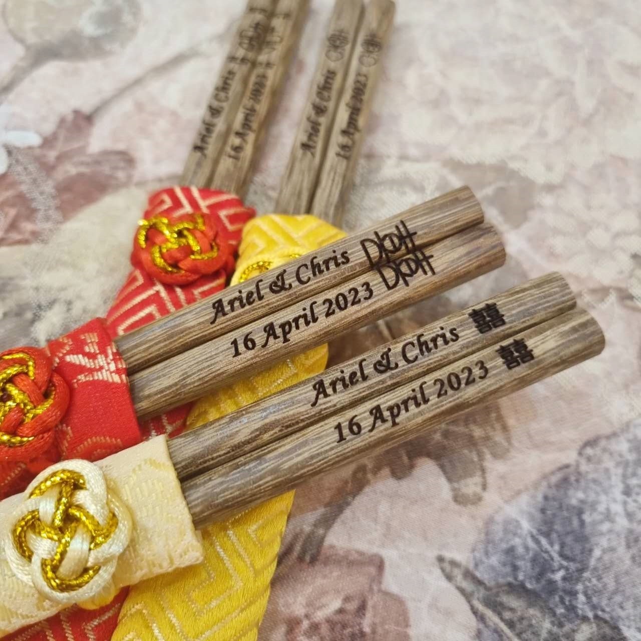 personalized chopsticks with engraved names date logo and pouch bag