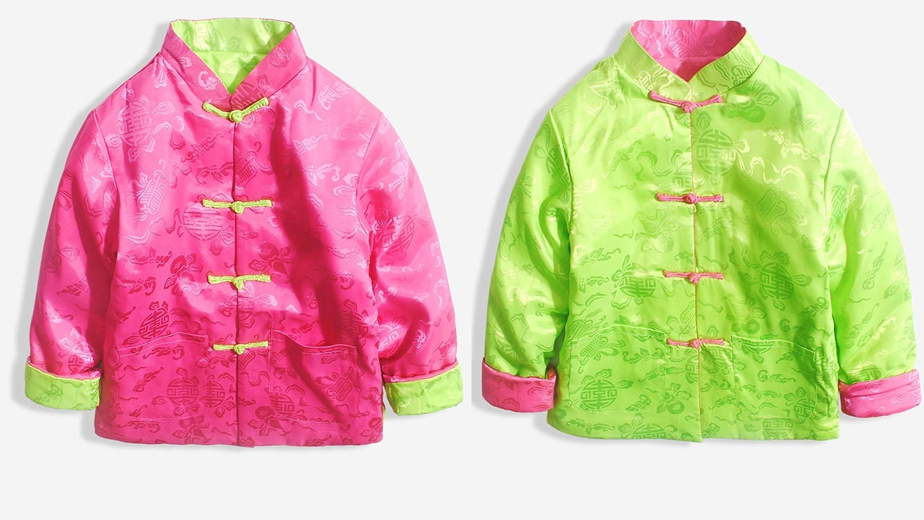 pink and green Traditional Chinese Kid's Reversible Tang Jacket