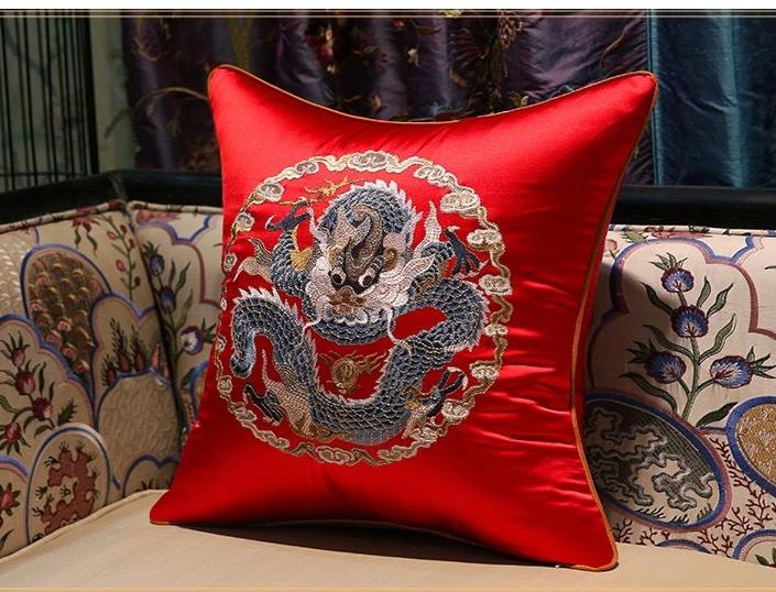 red Dragon embroidery satin cushion covers