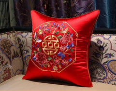 red Satin cushion covers with chinese  symbol of good fortune and flower embroideries 