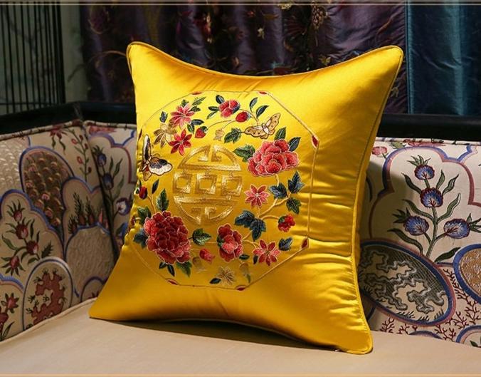 golden Satin cushion covers with chinese  symbol of good fortune and flower embroideries 